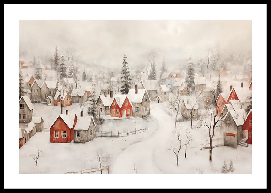 A poster showing an idyllic winter village with red cottages -12