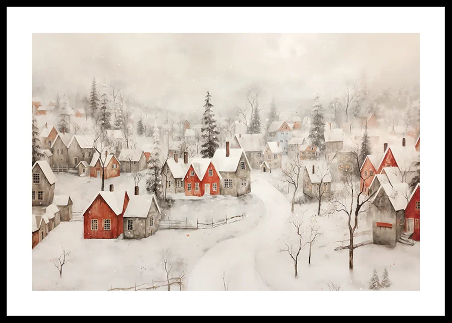 A poster showing an idyllic winter village with red cottages -12