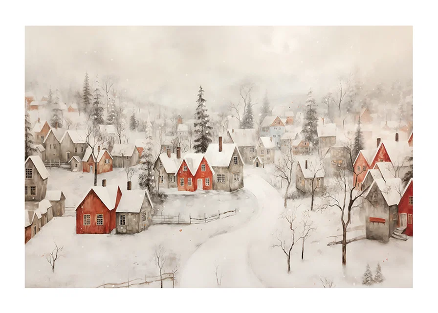 A poster showing an idyllic winter village with red cottages -12
