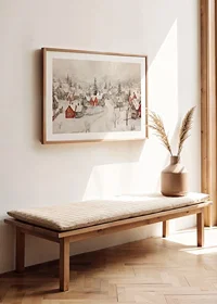 A poster showing an idyllic winter village with red cottages -8