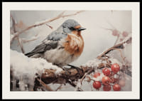 Un cartel que captura la quietud de un pájaro en una rama nevada con bayas heladas. -2