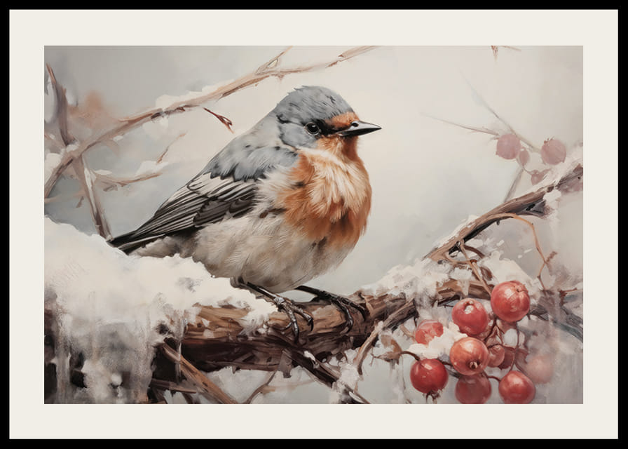 Un cartel que captura la quietud de un pájaro en una rama nevada con bayas heladas. -12