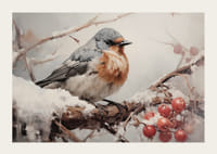 Un cartel que captura la quietud de un pájaro en una rama nevada con bayas heladas. -3