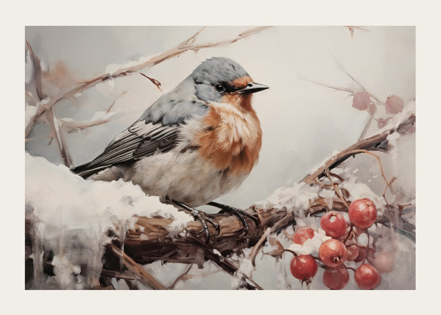 Un cartel que captura la quietud de un pájaro en una rama nevada con bayas heladas. -12