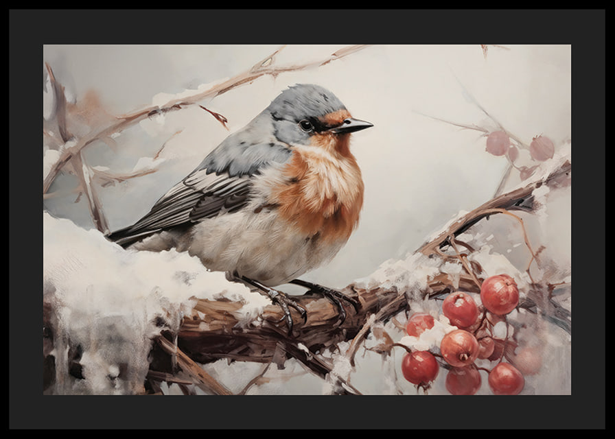 En poster som fångar en fågels stillhet på en snöklädd gren med frostiga bär -12