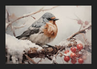 Un cartel que captura la quietud de un pájaro en una rama nevada con bayas heladas. -5