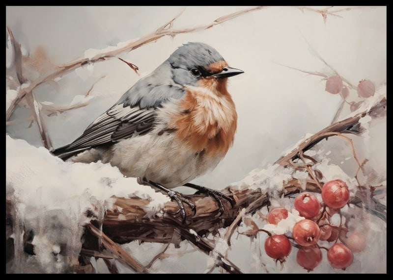 En poster som fångar en fågels stillhet på en snöklädd gren med frostiga bär -12