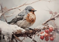 En poster som fångar en fågels stillhet på en snöklädd gren med frostiga bär -7