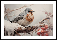 En poster som fångar en fågels stillhet på en snöklädd gren med frostiga bär -0