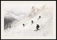 En poster med fyra skidåkare som susar nedför en snöklädd bergssluttning-2