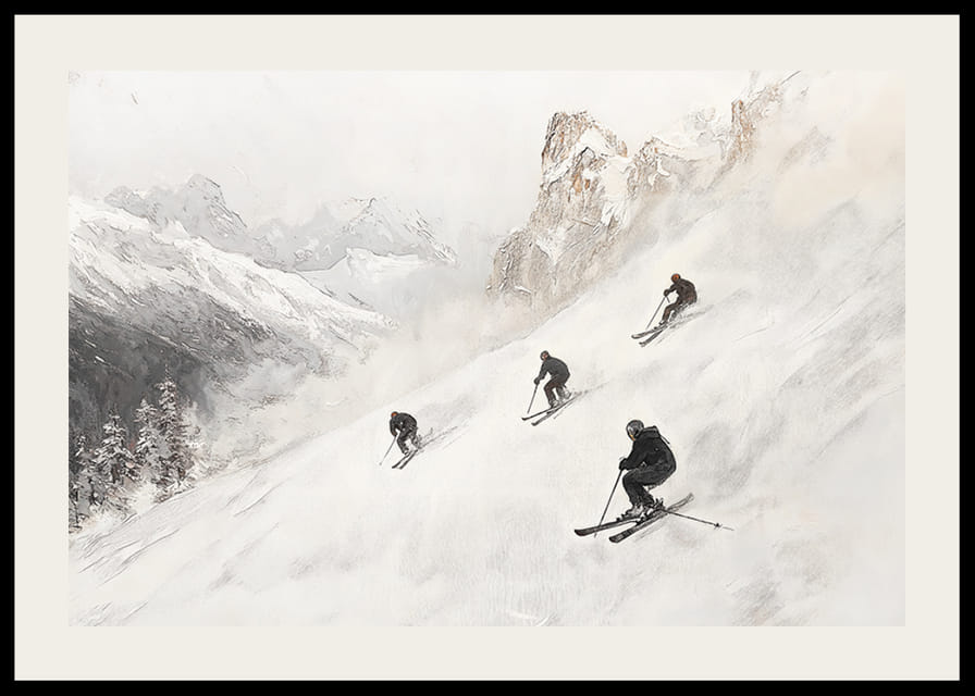 Négy síelő posztere, amint lerohan egy hóval borított hegyoldalon-12