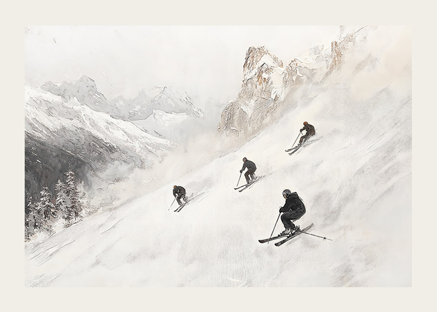 En poster med fyra skidåkare som susar nedför en snöklädd bergssluttning-12