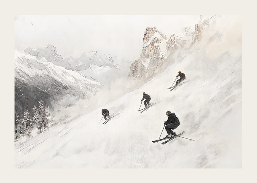 Négy síelő posztere, amint lerohan egy hóval borított hegyoldalon-12