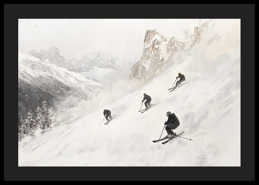 Négy síelő posztere, amint lerohan egy hóval borított hegyoldalon-12