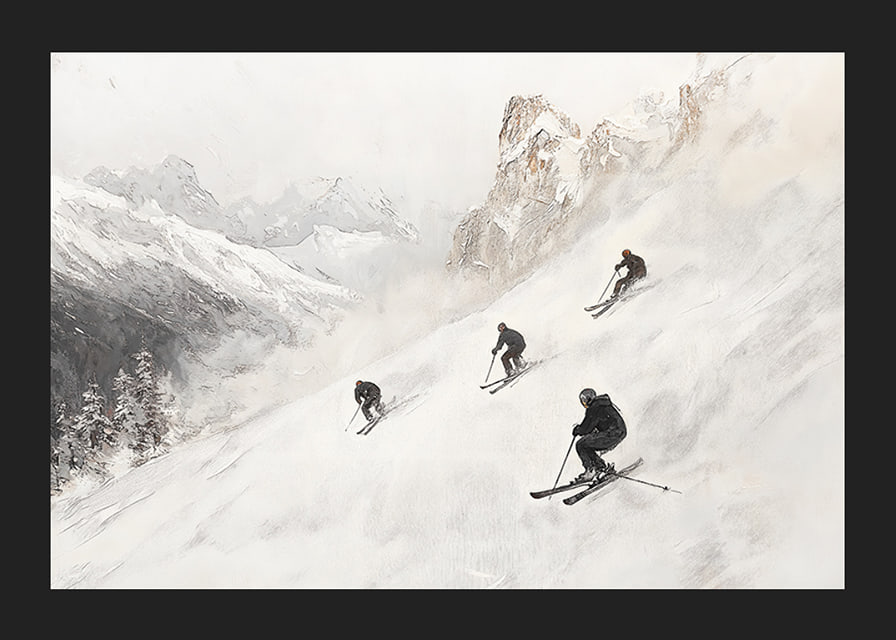 En poster med fyra skidåkare som susar nedför en snöklädd bergssluttning-12