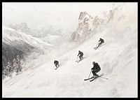 Een poster van vier skiërs die van een met sneeuw bedekte berghelling af razen-2