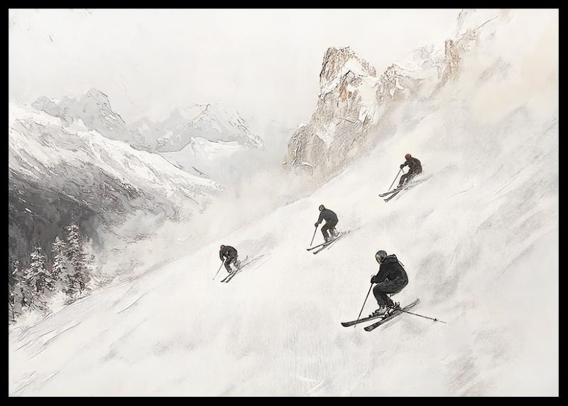Een poster van vier skiërs die van een met sneeuw bedekte berghelling af razen-12