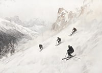 En poster med fyra skidåkare som susar nedför en snöklädd bergssluttning-7