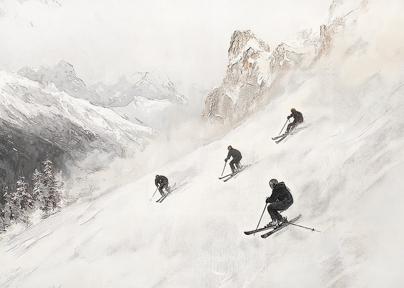 En poster med fyra skidåkare som susar nedför en snöklädd bergssluttning-12