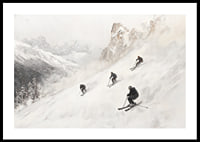 En poster med fyra skidåkare som susar nedför en snöklädd bergssluttning-0