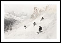 Een poster van vier skiërs die van een met sneeuw bedekte berghelling af razen-0
