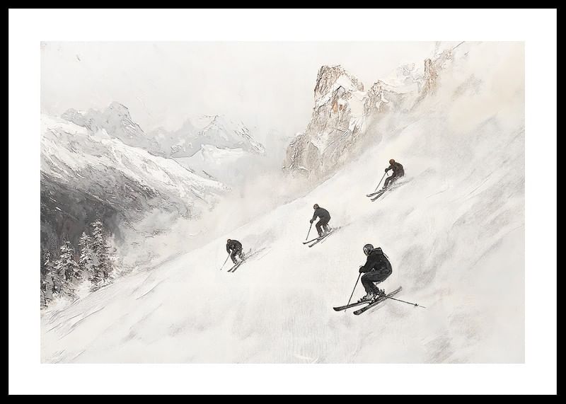 Een poster van vier skiërs die van een met sneeuw bedekte berghelling af razen-12