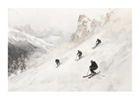 En poster med fyra skidåkare som susar nedför en snöklädd bergssluttning-1