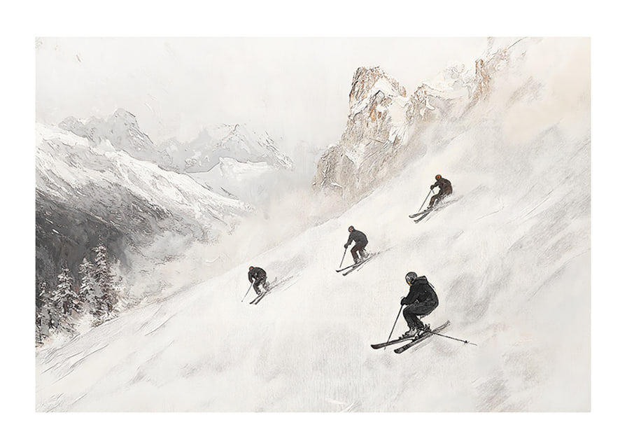 En poster med fyra skidåkare som susar nedför en snöklädd bergssluttning-12