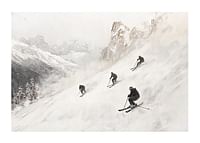 Een poster van vier skiërs die van een met sneeuw bedekte berghelling af razen-1