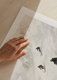En poster med fyra skidåkare som susar nedför en snöklädd bergssluttning-9