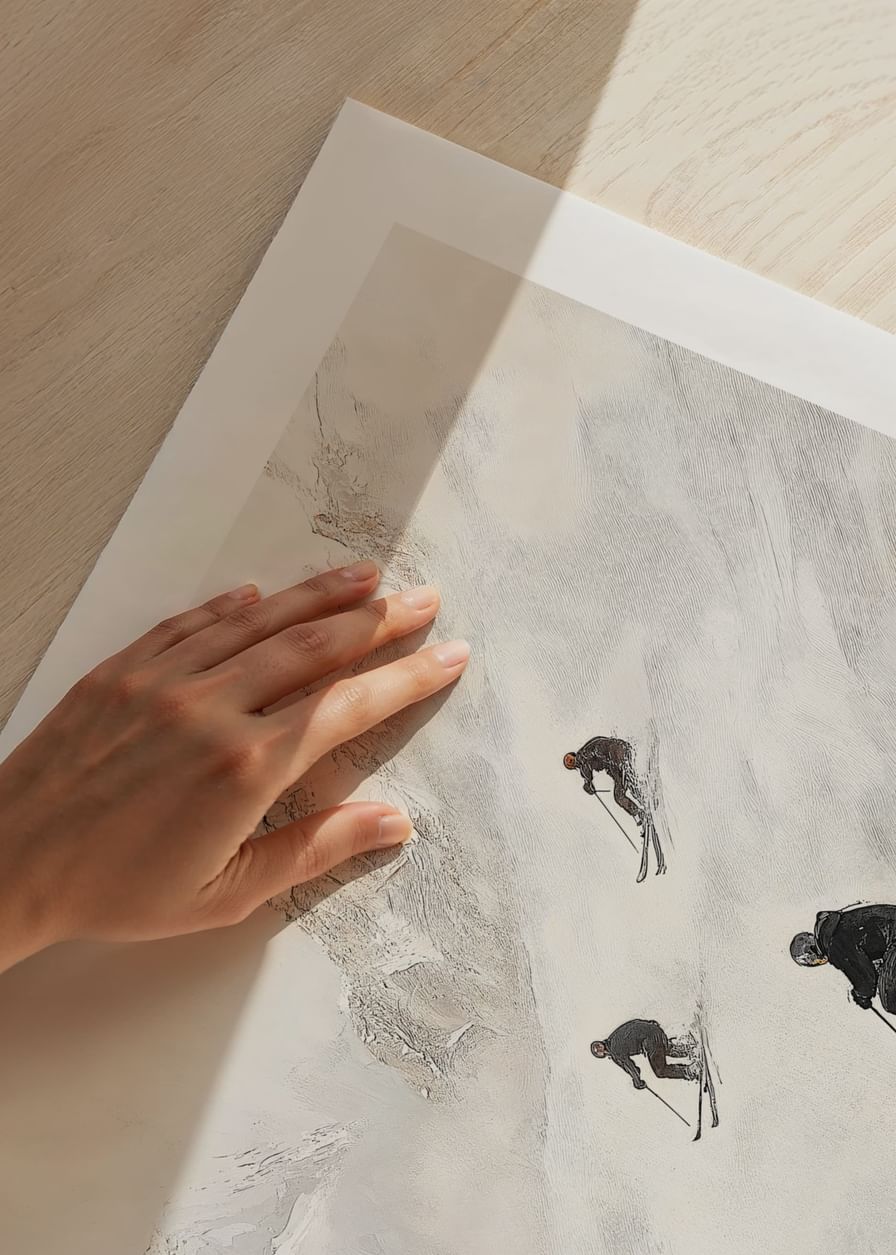 Een poster van vier skiërs die van een met sneeuw bedekte berghelling af razen-12