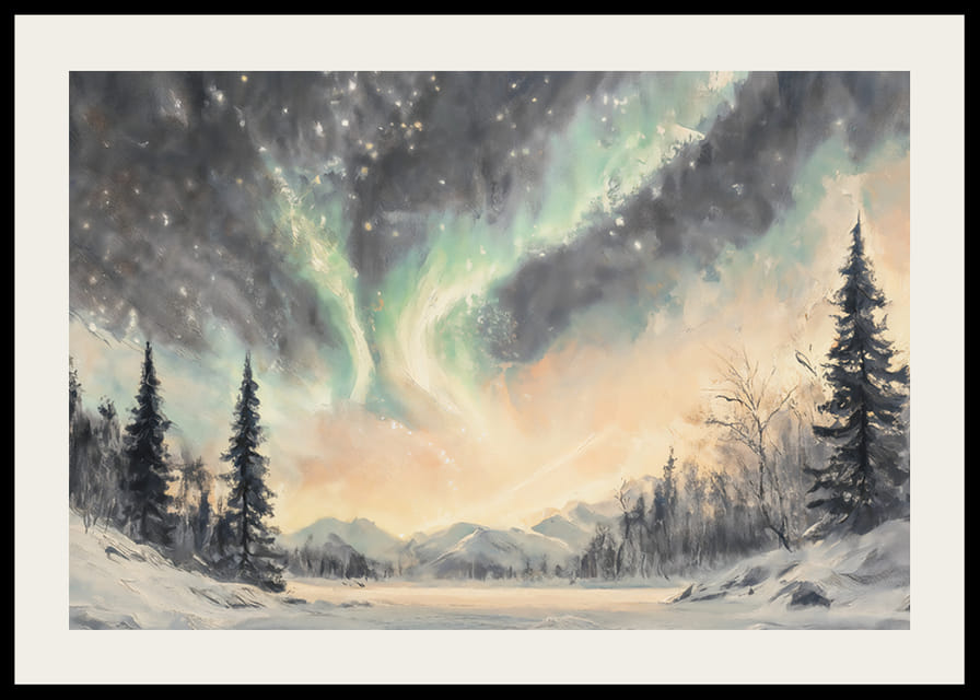A winter poster that captures the dance of the northern lights over a peaceful snow landscape-12