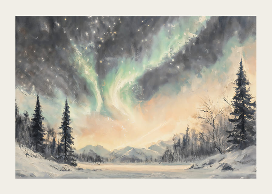 A winter poster that captures the dance of the northern lights over a peaceful snow landscape-12
