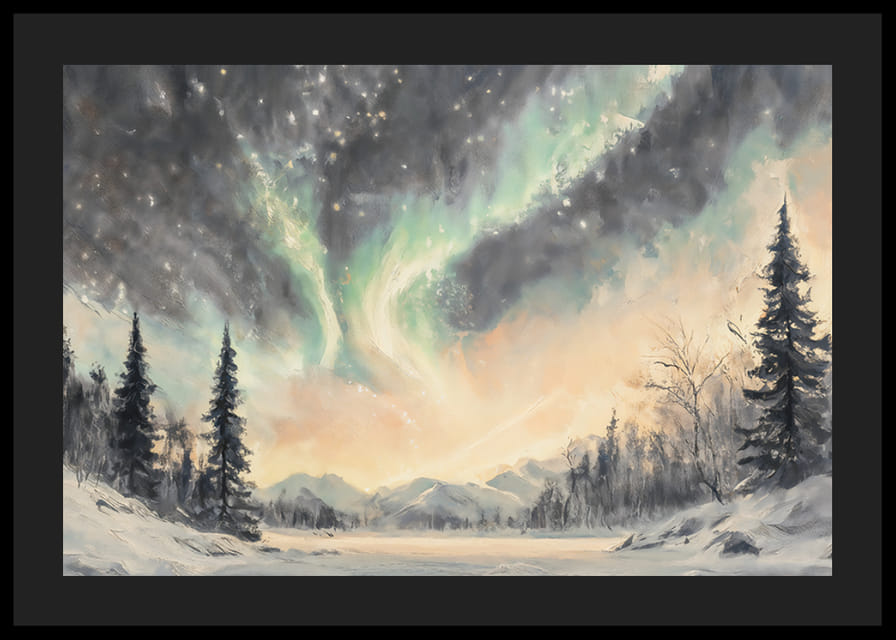 A winter poster that captures the dance of the northern lights over a peaceful snow landscape-12