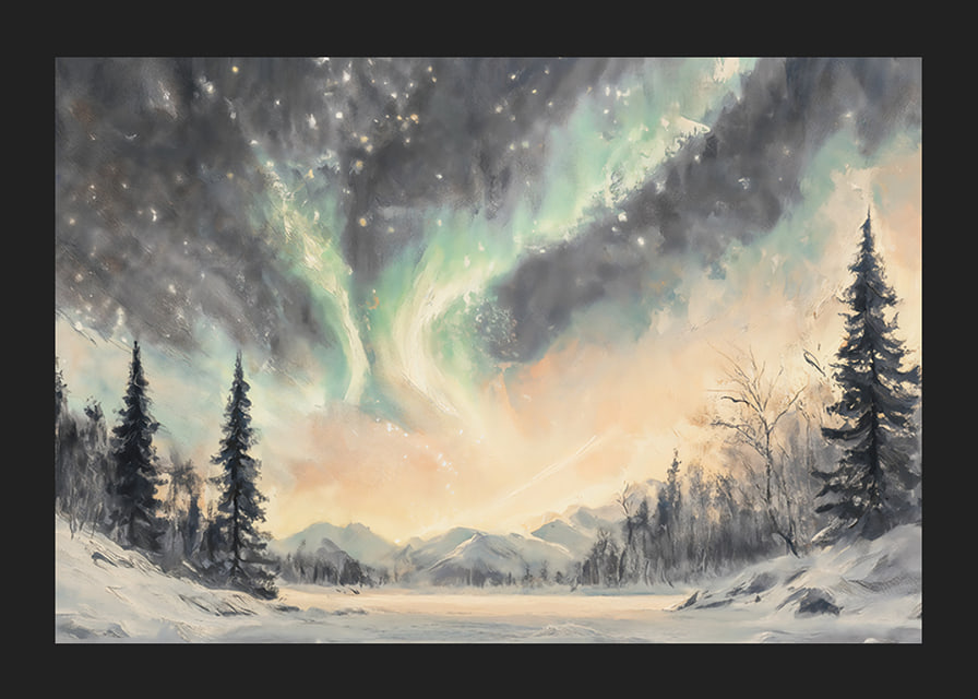 A winter poster that captures the dance of the northern lights over a peaceful snow landscape-12