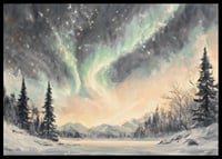 A winter poster that captures the dance of the northern lights over a peaceful snow landscape-6