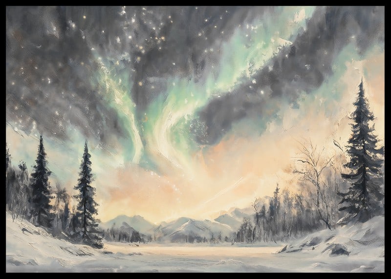A winter poster that captures the dance of the northern lights over a peaceful snow landscape-12