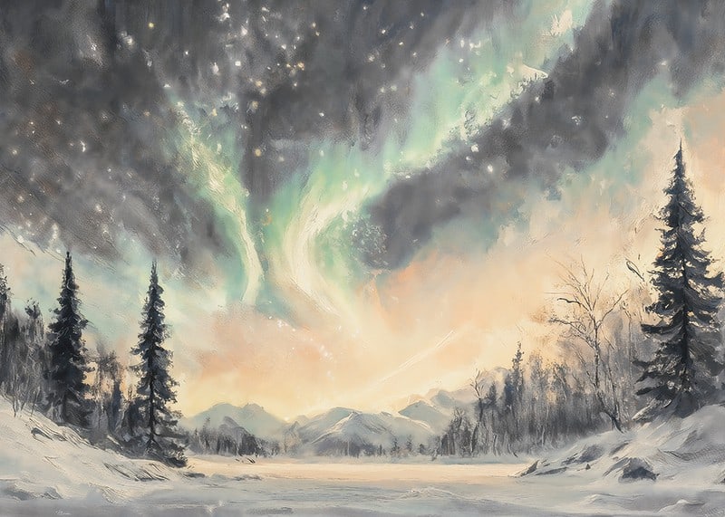 A winter poster that captures the dance of the northern lights over a peaceful snow landscape-12