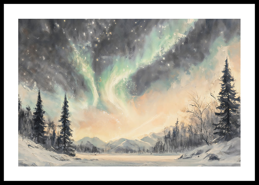 A winter poster that captures the dance of the northern lights over a peaceful snow landscape-12