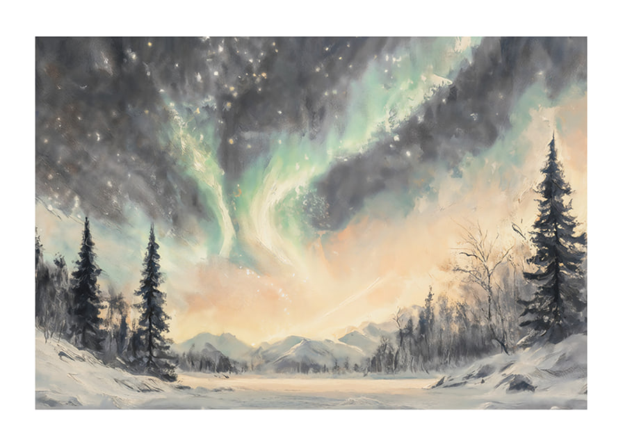 A winter poster that captures the dance of the northern lights over a peaceful snow landscape-12