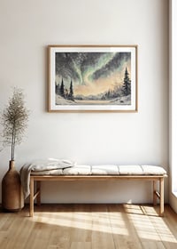 A winter poster that captures the dance of the northern lights over a peaceful snow landscape-8