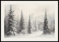 En vinterplakat som viser snødekte grantrær i et rolig og harmonisk landskap-2