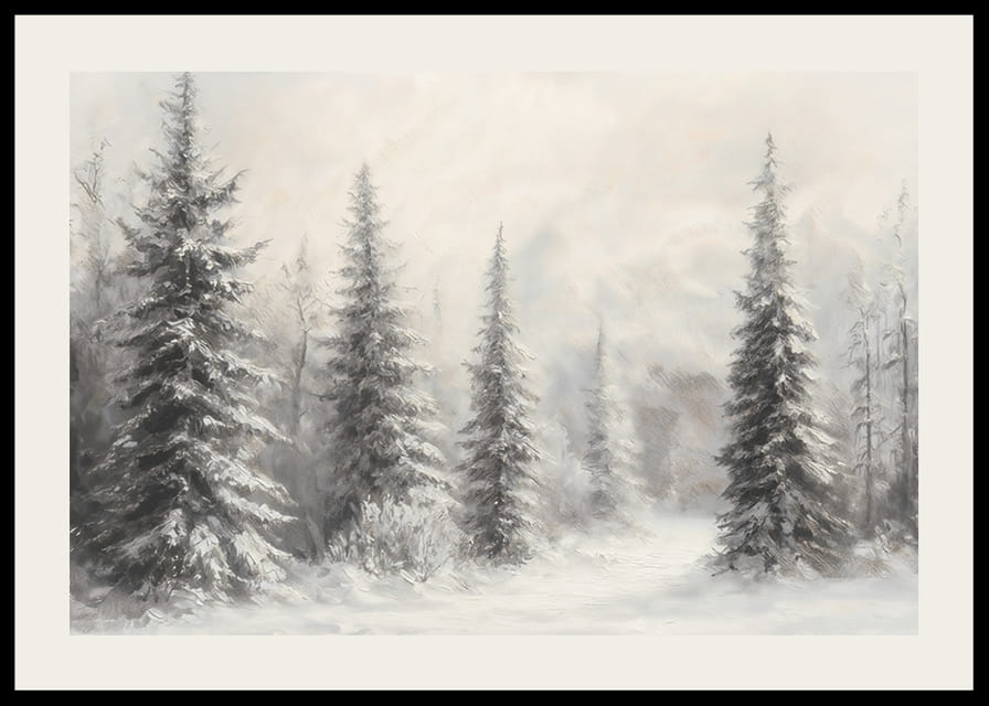 En vinterplakat som viser snødekte grantrær i et rolig og harmonisk landskap-12