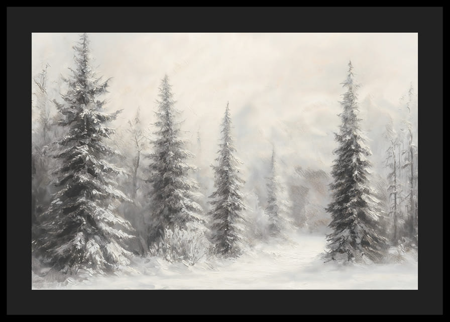 En vinterplakat som viser snødekte grantrær i et rolig og harmonisk landskap-12