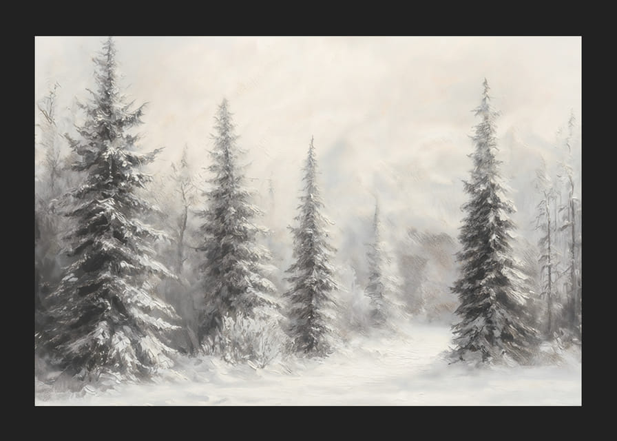 En vinterplakat som viser snødekte grantrær i et rolig og harmonisk landskap-12