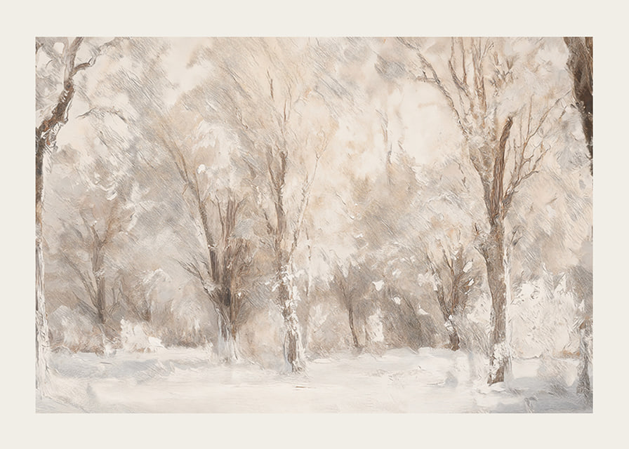 A winter poster capturing a frosty landscape with snow covered trees -12