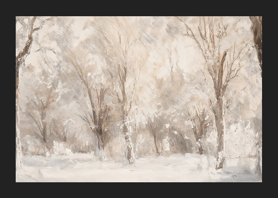 A winter poster capturing a frosty landscape with snow covered trees -12