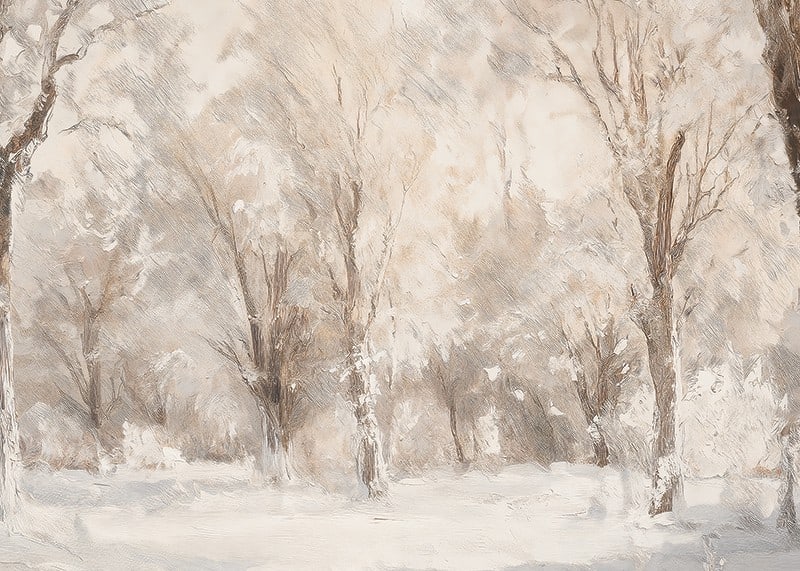 A winter poster capturing a frosty landscape with snow covered trees -12