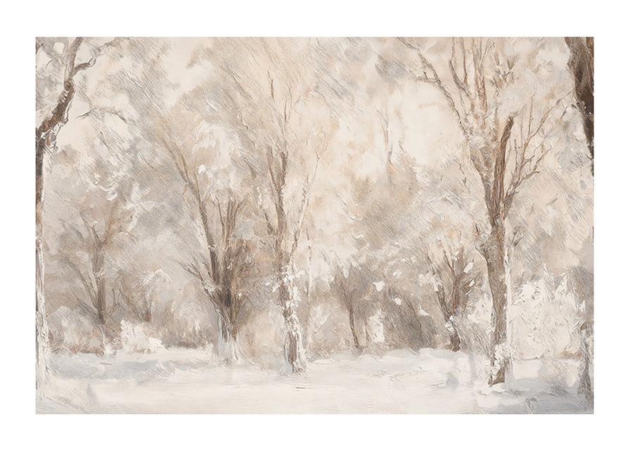 A winter poster capturing a frosty landscape with snow covered trees -12