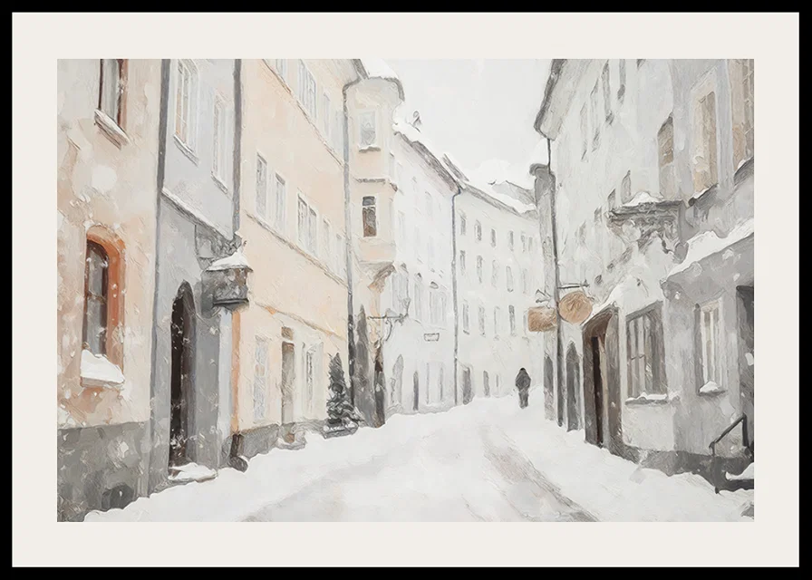 A winter poster showing a quiet, snow-covered alley-12